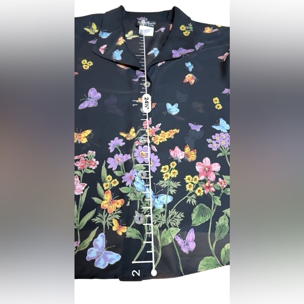 Positive Attitude Black Sheer Cropped Shirt Butterflies Flowers Top Size L/XL - Picture 9 of 9